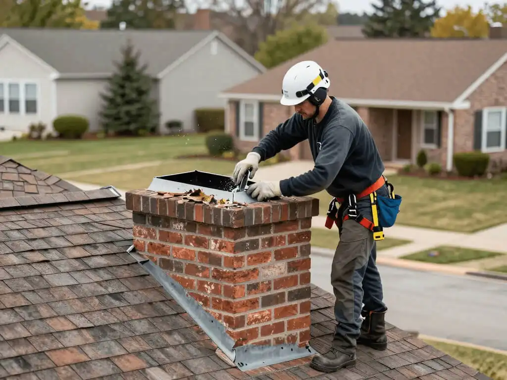 Roofer repairing residential house chimney cap