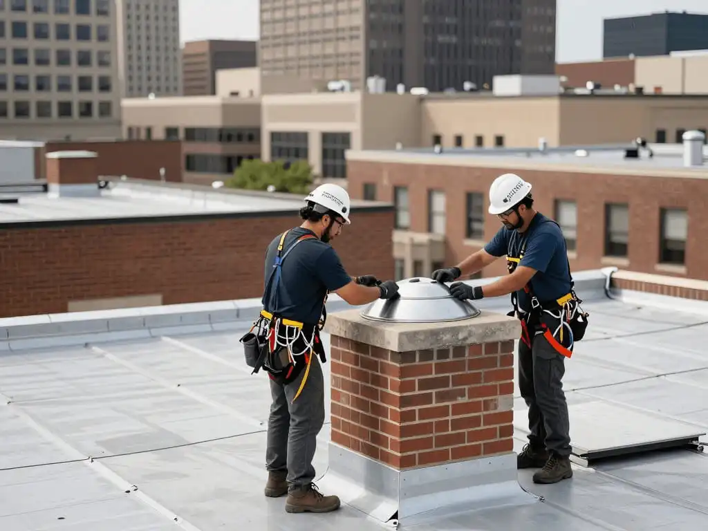 Roofers fixing chimney cap of a commercial chimney