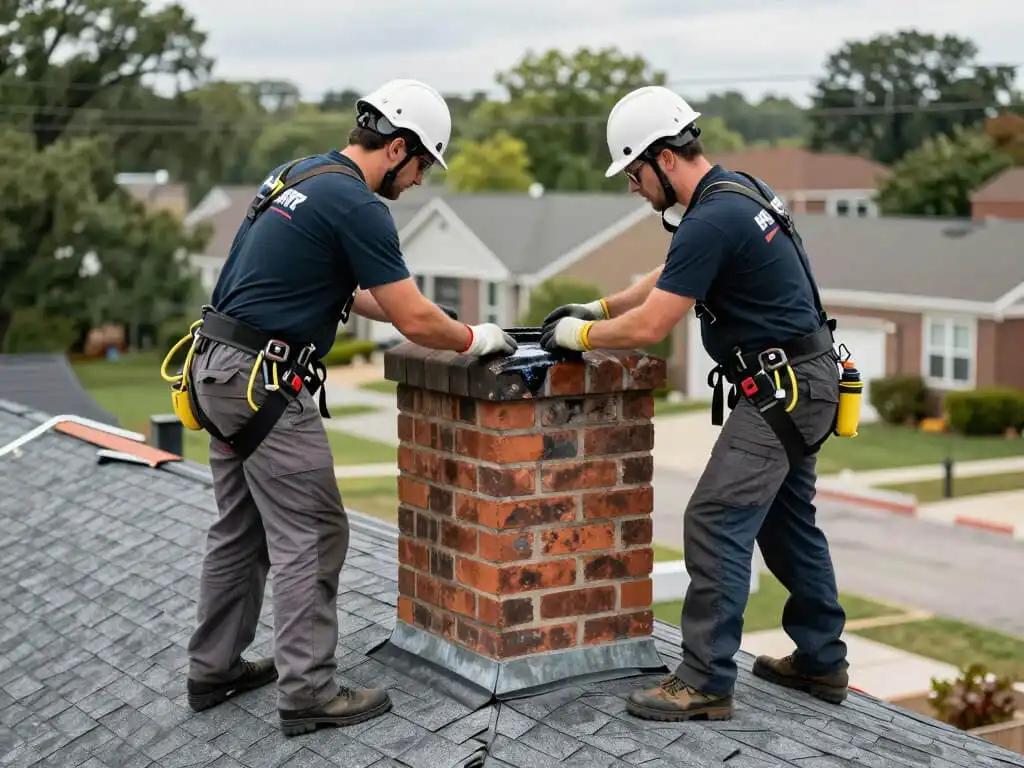 image of roofers cleaning residential home chimney