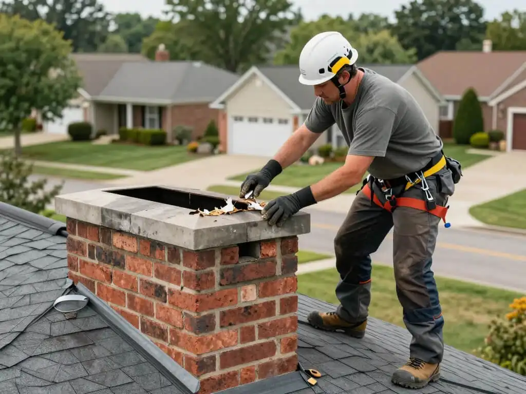 image of roofer cleaning residential home chimney