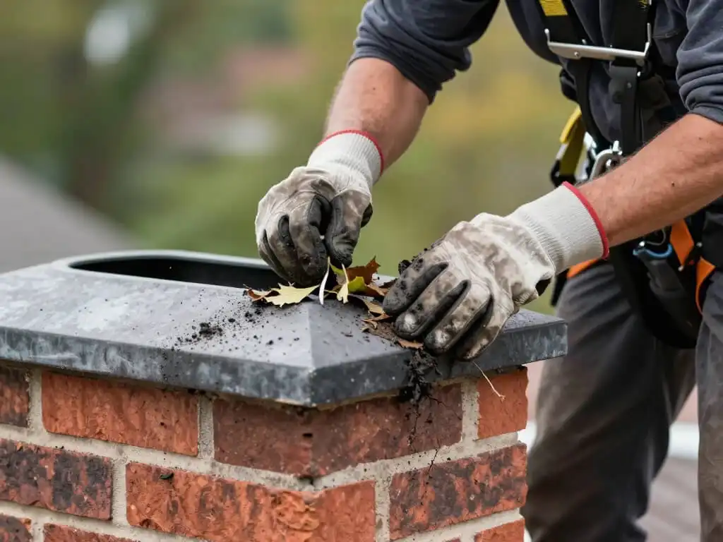 close up image of roofer cleaning residential home chimney