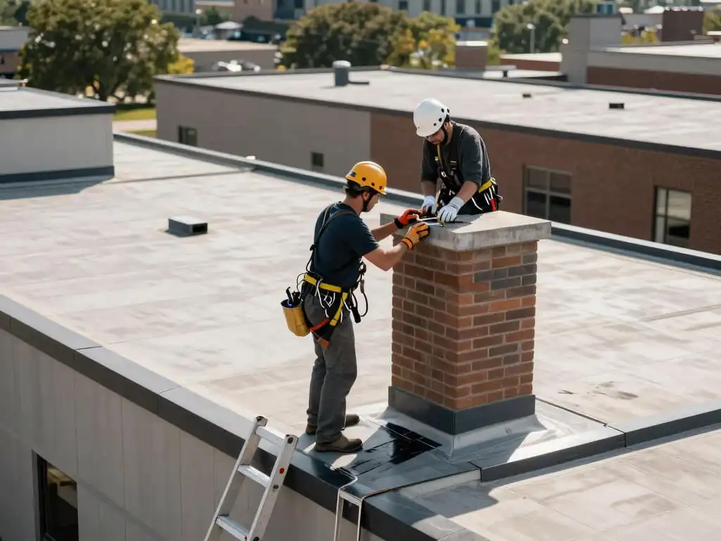 roofers doing flash repair on a residential roof
