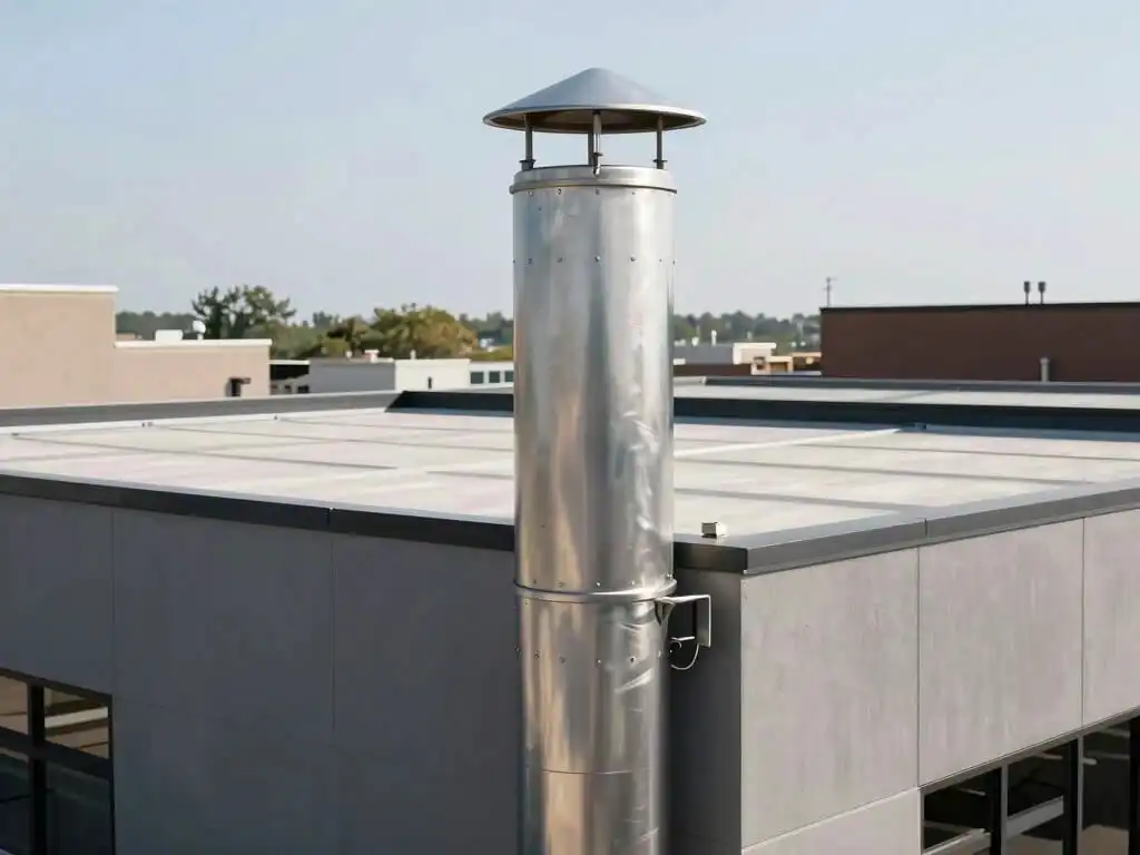 Close up view of a modern chimney of a commercial building