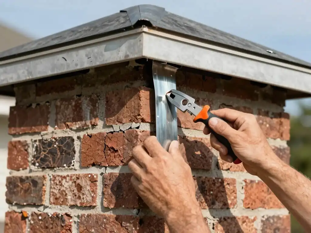 close up view of roofer doing inspection on a chimney