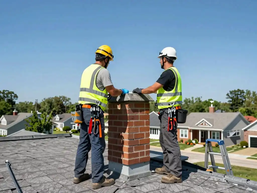 Roofers doing inspection on chimney