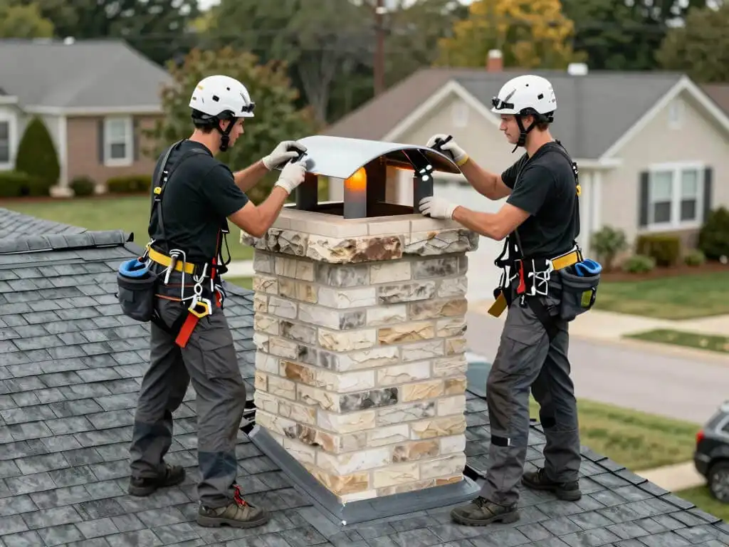 Roofers doing inspection on chimney of a residential home roof