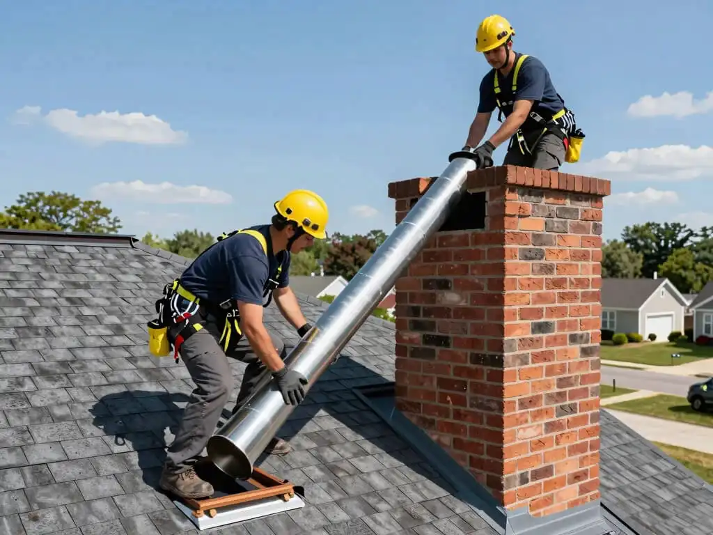 Image showing roofers doing chimney liner installation on a residential home