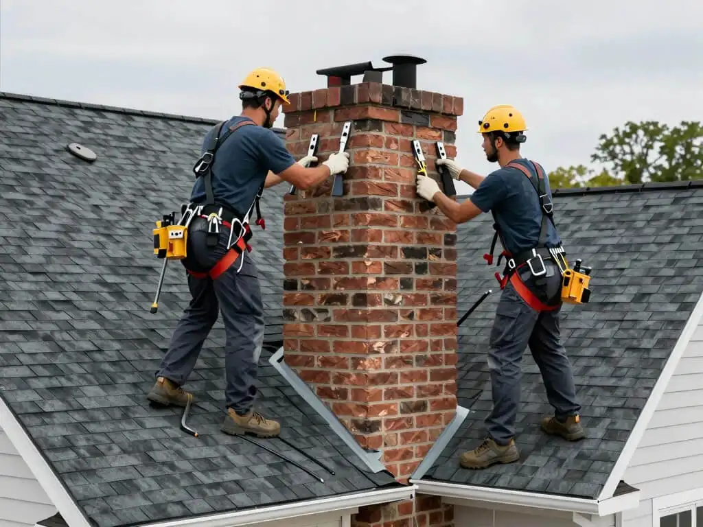 image showing professional roofers repairing chimney in a residential home