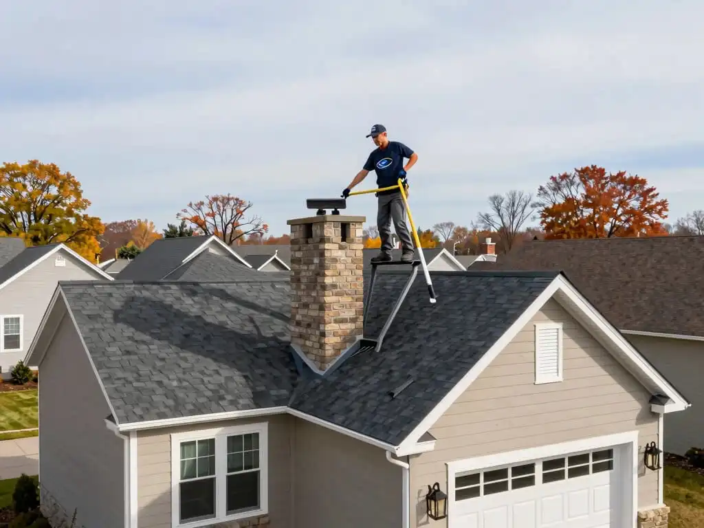 wide shot view of roofer doing chimney sweep on a residential home