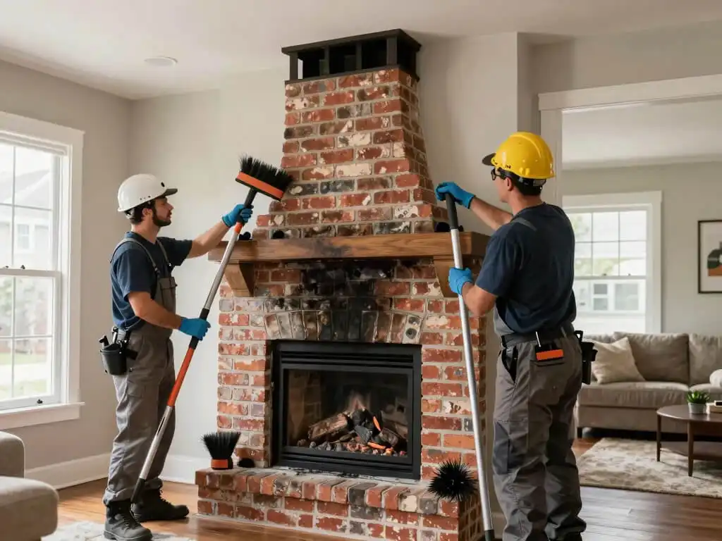 image showing roofers doing fireplace cleaning in a residential home