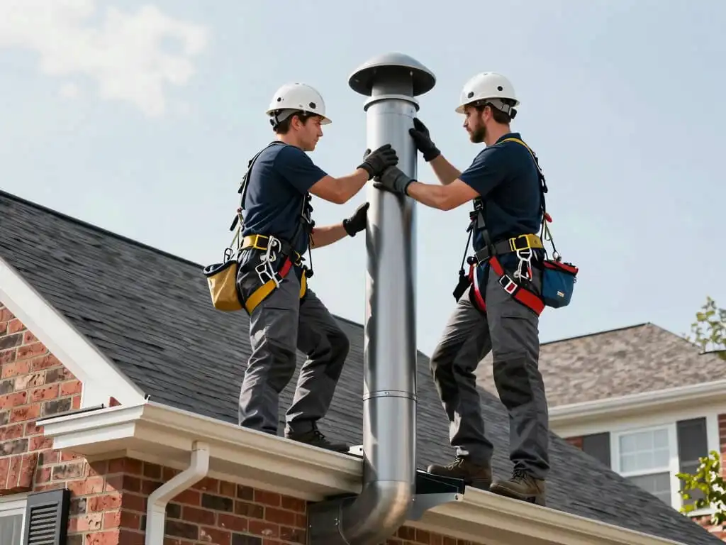 image showing roofers inspecting modern chimney in a residential home
