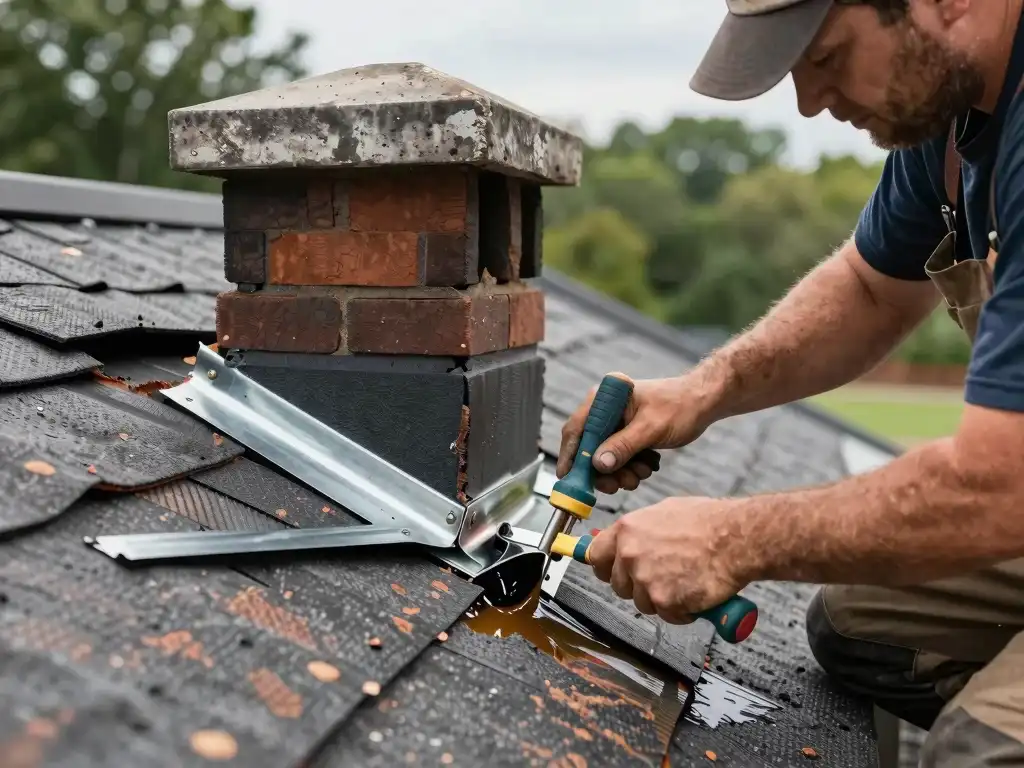 close up image of roofers fixing leaking chimney